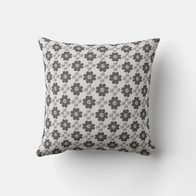 Flowers and Dots in Silver Gray Shades Throw Pillow (Back)