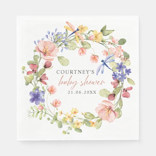 Flowers and Dragonflies Romantic Baby Shower Napkins