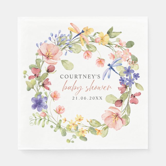 Flowers and Dragonflies Romantic Baby Shower Napkins (Front)