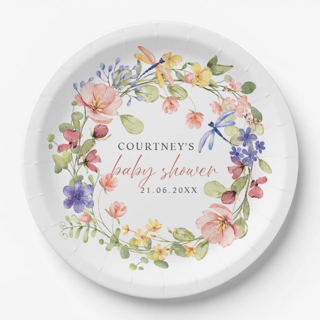 Flowers and Dragonflies Romantic Boho Baby Shower Paper Plates (Front)