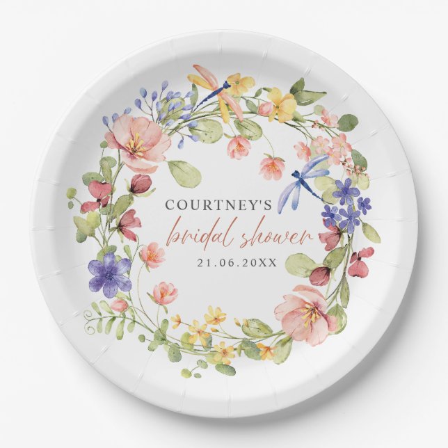 Flowers and Dragonflies Romantic Bridal Shower Paper Plates (Front)