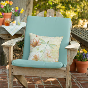 Flowers and dragonfly outdoor pillow
