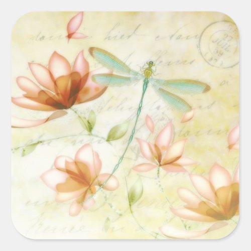 Flowers and dragonfly square sticker