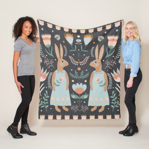 Flowers and Easter Bunny Scandinavian Folk Art  Fleece Blanket