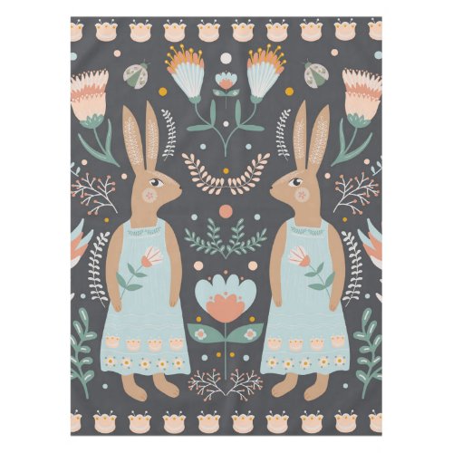 Flowers and Easter Bunny Scandinavian Folk Art  Tablecloth