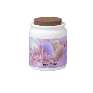 Flowers and eggs on a colorful pastel background candy jar