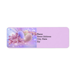 Flowers and eggs on a colorful pastel background label