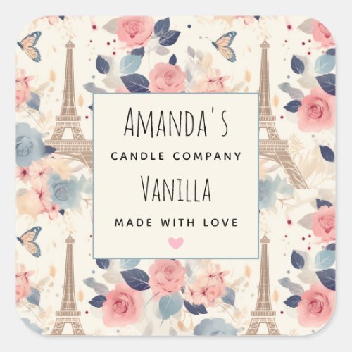 Flowers and Eiffel Tower Paris Candle Business Square Sticker