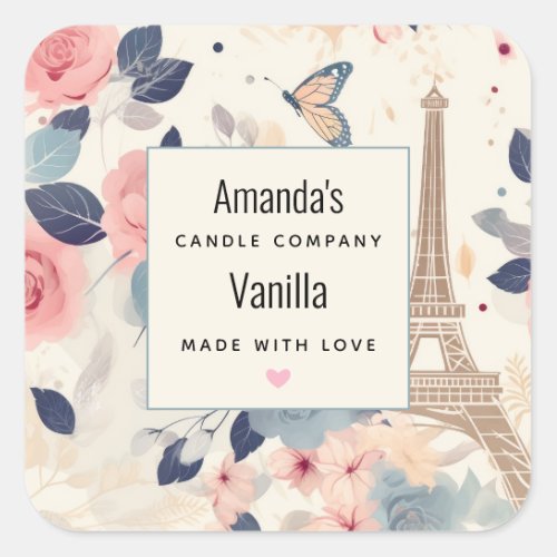 Flowers and Eiffel Tower Paris Candle Business Square Sticker