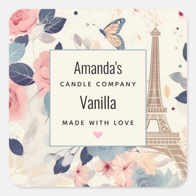 Flowers and Eiffel Tower Paris Candle Business Square Sticker (Front)