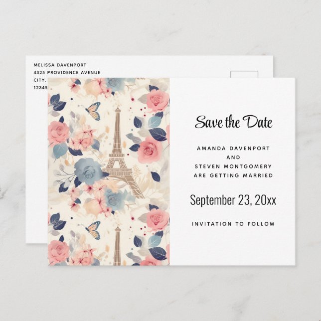 Flowers and Eiffel Tower Paris Pattern Announcement Postcard (Front/Back)
