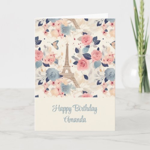 Flowers and Eiffel Tower Paris Pattern Birthday Card