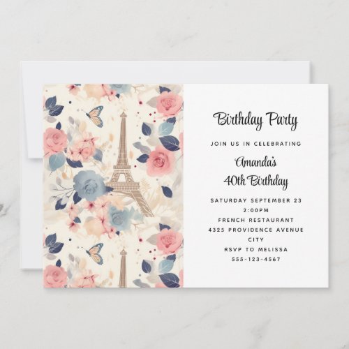 Flowers and Eiffel Tower Paris Pattern Birthday Invitation