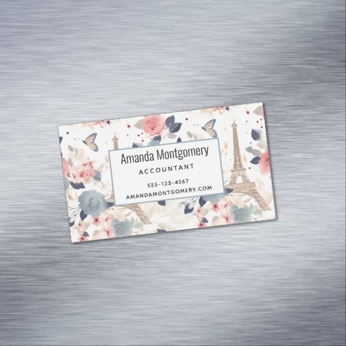 Flowers and Eiffel Tower Paris Pattern Business Card Magnet