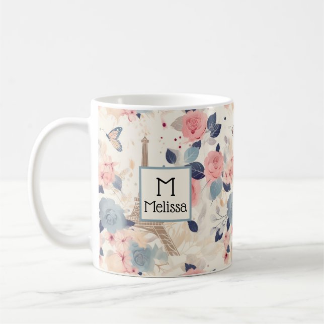 Flowers and Eiffel Tower Paris Pattern Monogram Coffee Mug (Left)