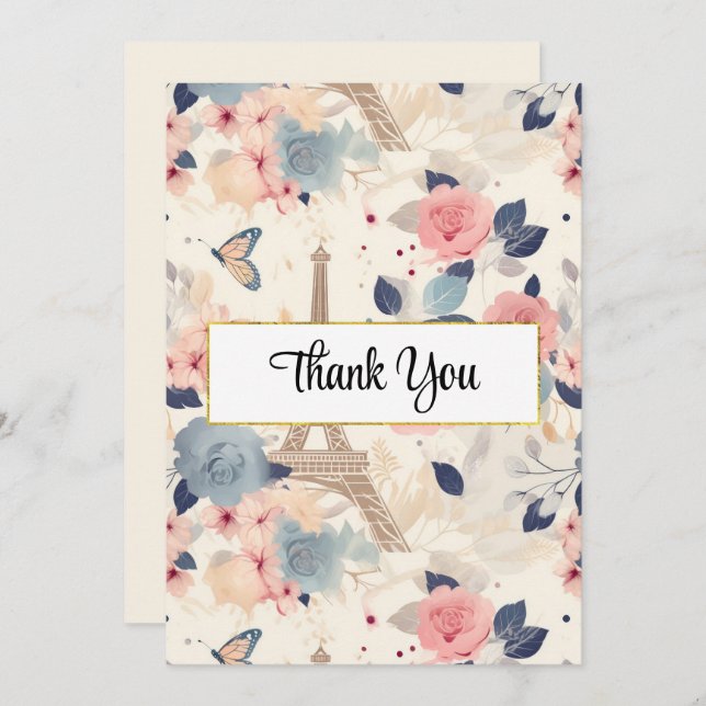Flowers and Eiffel Tower Paris Pattern Thank You Card (Front/Back)