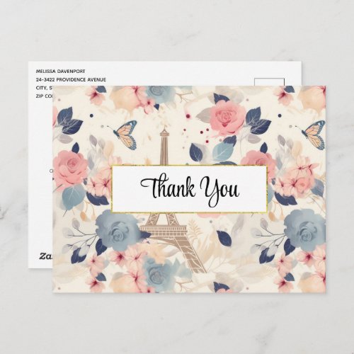 Flowers and Eiffel Tower Paris Pattern Thank You Postcard