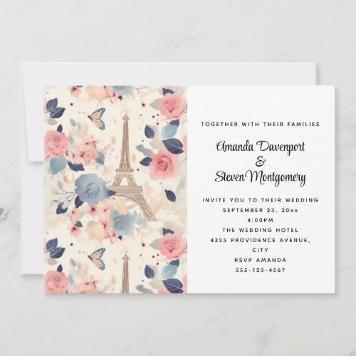 Flowers and Eiffel Tower Paris Pattern Wedding Invitation