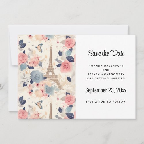 Flowers and Eiffel Tower Paris Pattern Wedding Save The Date