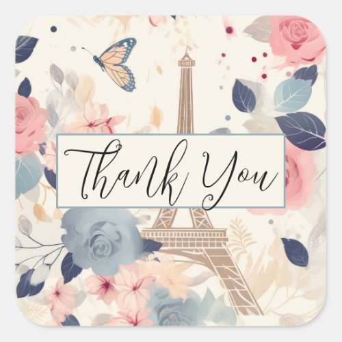 Flowers and Eiffel Tower Paris Thank You Square Sticker