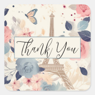 Flowers and Eiffel Tower Paris Thank You Square Sticker