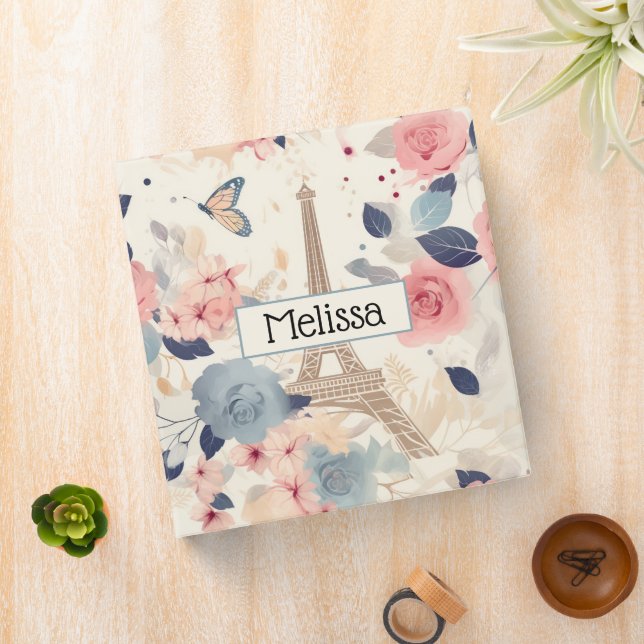 Flowers and Eiffel Tower Paris Travel Pattern 3 Ring Binder (In Situ)