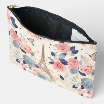 Flowers And Eiffel Tower Paris Travel Pattern Accessory Pouch by Mirribug at Zazzle