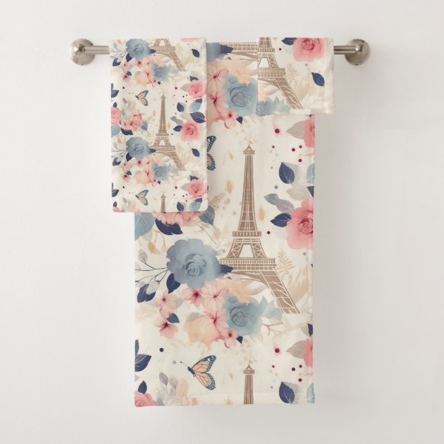 Flowers and Eiffel Tower Paris Travel Pattern Bath Towel Set (Insitu)