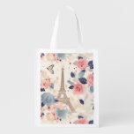 Flowers and Eiffel Tower Paris Travel Pattern Grocery Bag