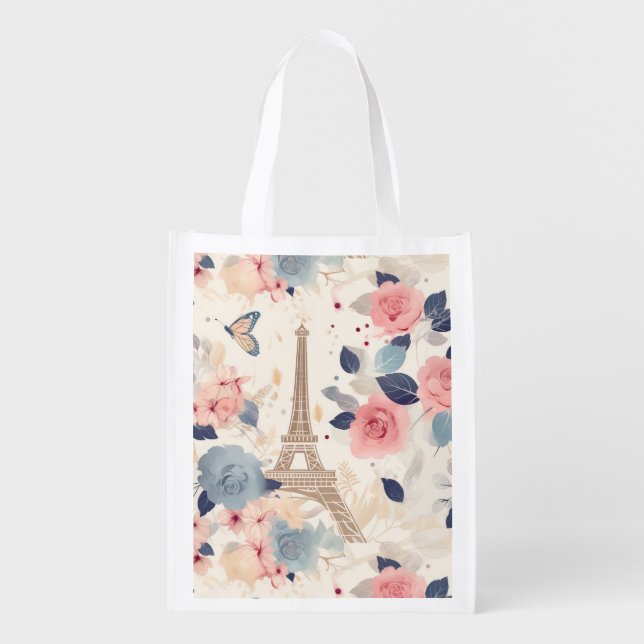 Flowers and Eiffel Tower Paris Travel Pattern Grocery Bag (Front)