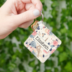 Flowers and Eiffel Tower Paris Travel Pattern Keychain