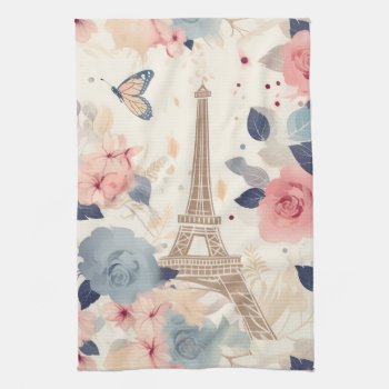 Flowers And Eiffel Tower Paris Travel Pattern Kitchen Towel by Mirribug at Zazzle