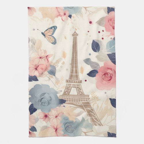Flowers and Eiffel Tower Paris Travel Pattern Kitchen Towel