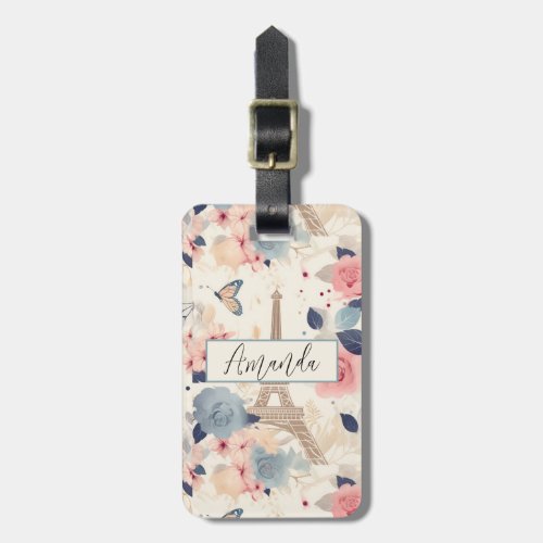 Flowers and Eiffel Tower Paris Travel Pattern Luggage Tag