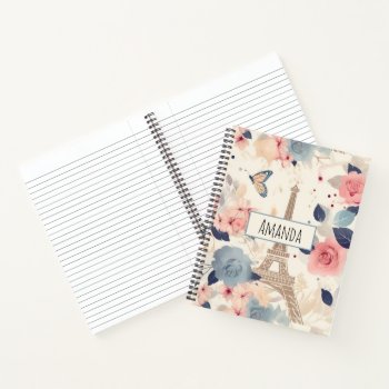 Flowers And Eiffel Tower Paris Travel Pattern Notebook by Mirribug at Zazzle