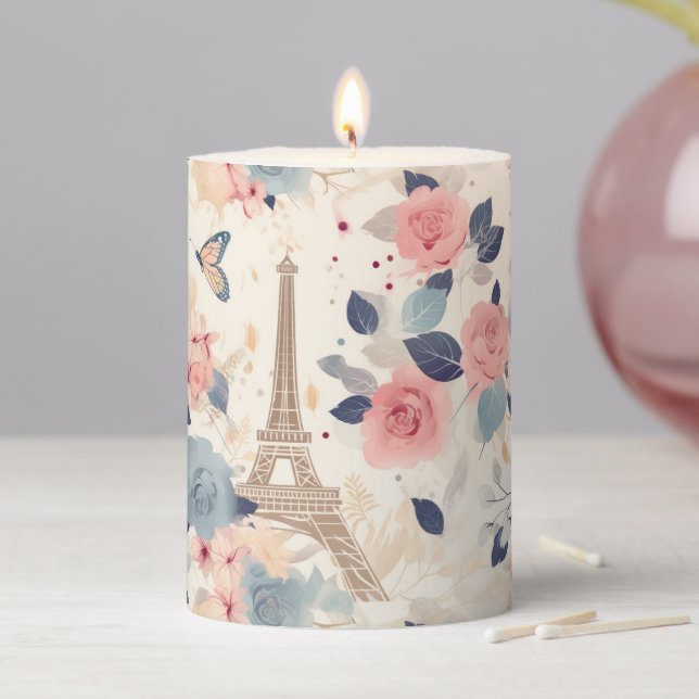 Flowers and Eiffel Tower Paris Travel Pattern Pillar Candle (In Situ)