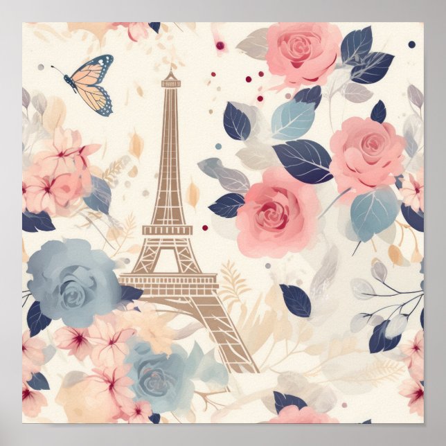 Flowers and Eiffel Tower Paris Travel Pattern Poster (Front)