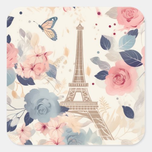 Flowers and Eiffel Tower Paris Travel Pattern Square Sticker