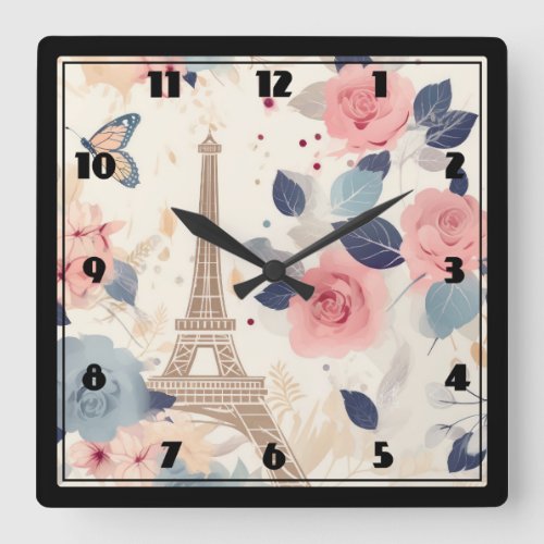 Flowers and Eiffel Tower Paris Travel Pattern Square Wall Clock