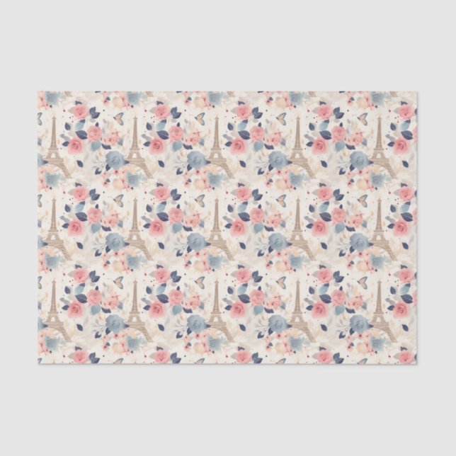 Flowers and Eiffel Tower Paris Travel Pattern Tissue Paper (Front)