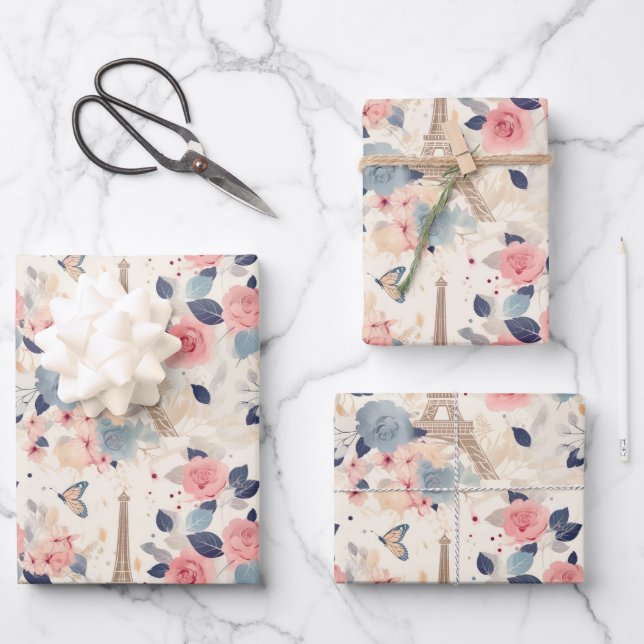 Flowers and Eiffel Tower Paris Travel Pattern Wrapping Paper Sheets (Front)