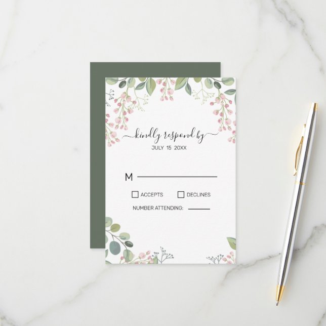Flowers And Eucalyptus Leaves RSVP Card (Front/Back In Situ)