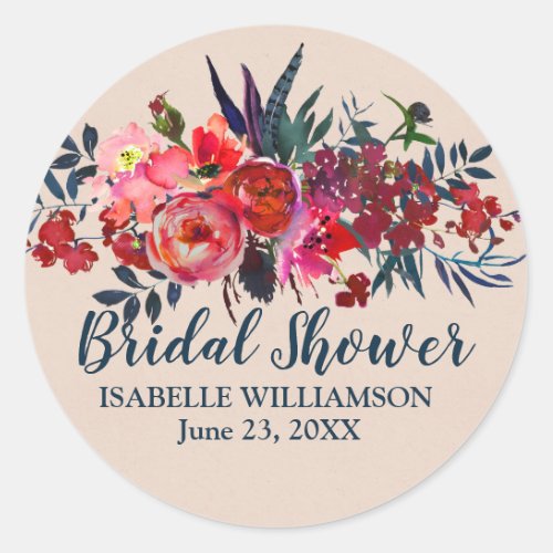 Flowers and Feathers Bohemian Bridal Shower Classic Round Sticker