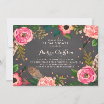 Flowers And Feathers Chalkboard Bridal Shower Invitation by misstallulah at Zazzle