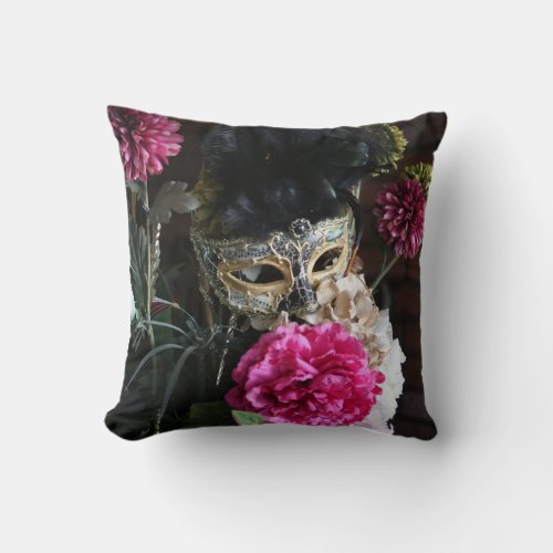 Flowers and Feathers Mardi Gras Mask  Throw Pillow