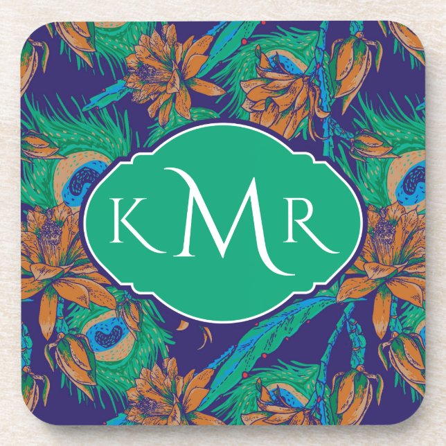 Flowers And Feathers | Monogram Drink Coaster (Front)