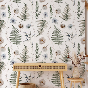Flowers and Fern Leaves Floral Botanical Pattern Wallpaper