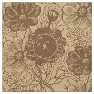 Flowers And Gears Brown Fabric
