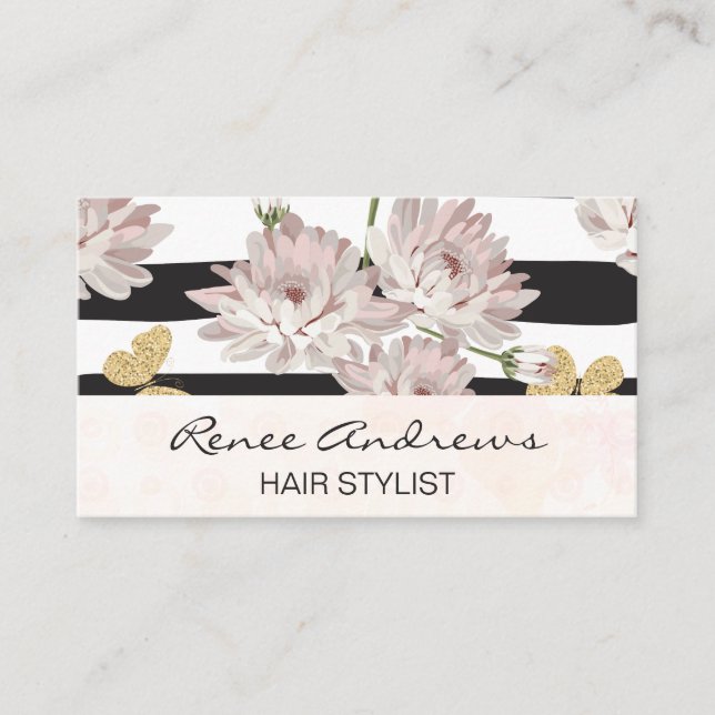 Flowers and Glitter Butterflies | Stripe Pattern Business Card (Front)