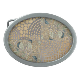 Flowers and Golden Giraffe Skin, Grey Background Belt Buckle